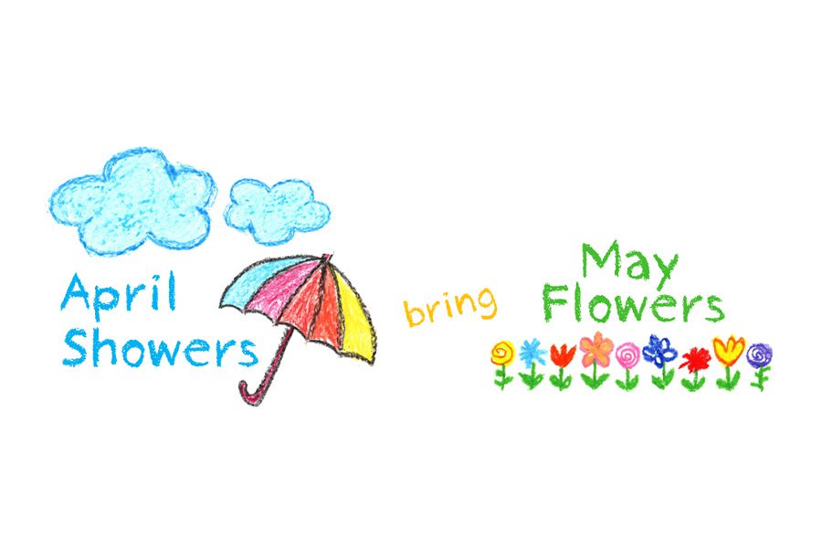 April Showers Bring May Flowers - Crayon Drawing of Flowers and Rain in the Spring